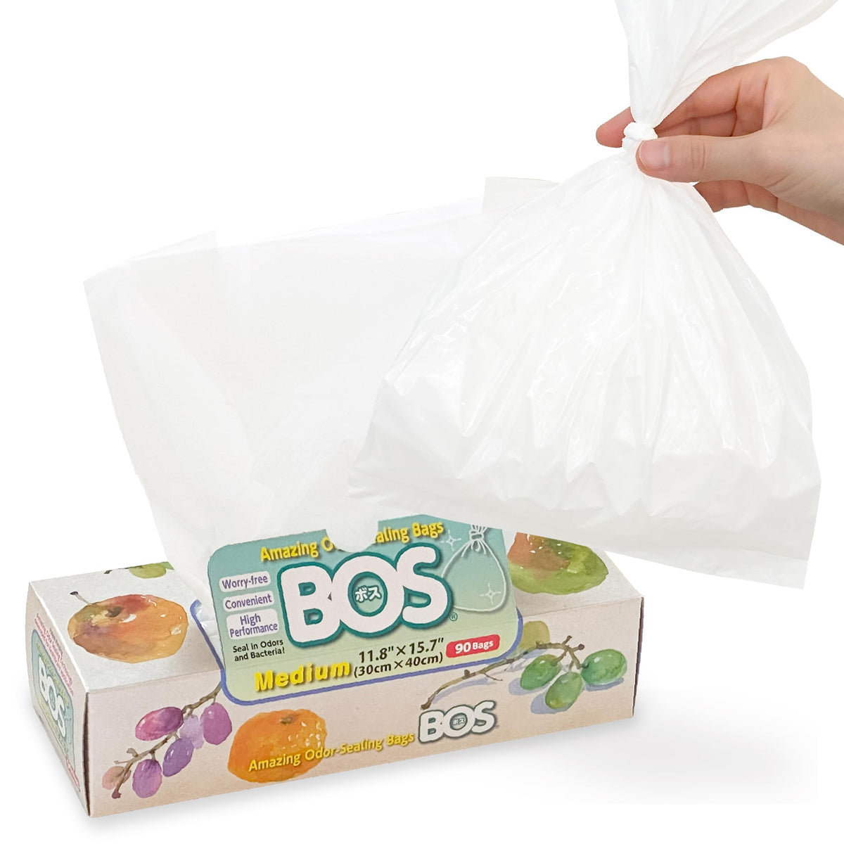BOS Amazing Odor Sealing Bags box-dispense design keeps waste tidy and accessible.