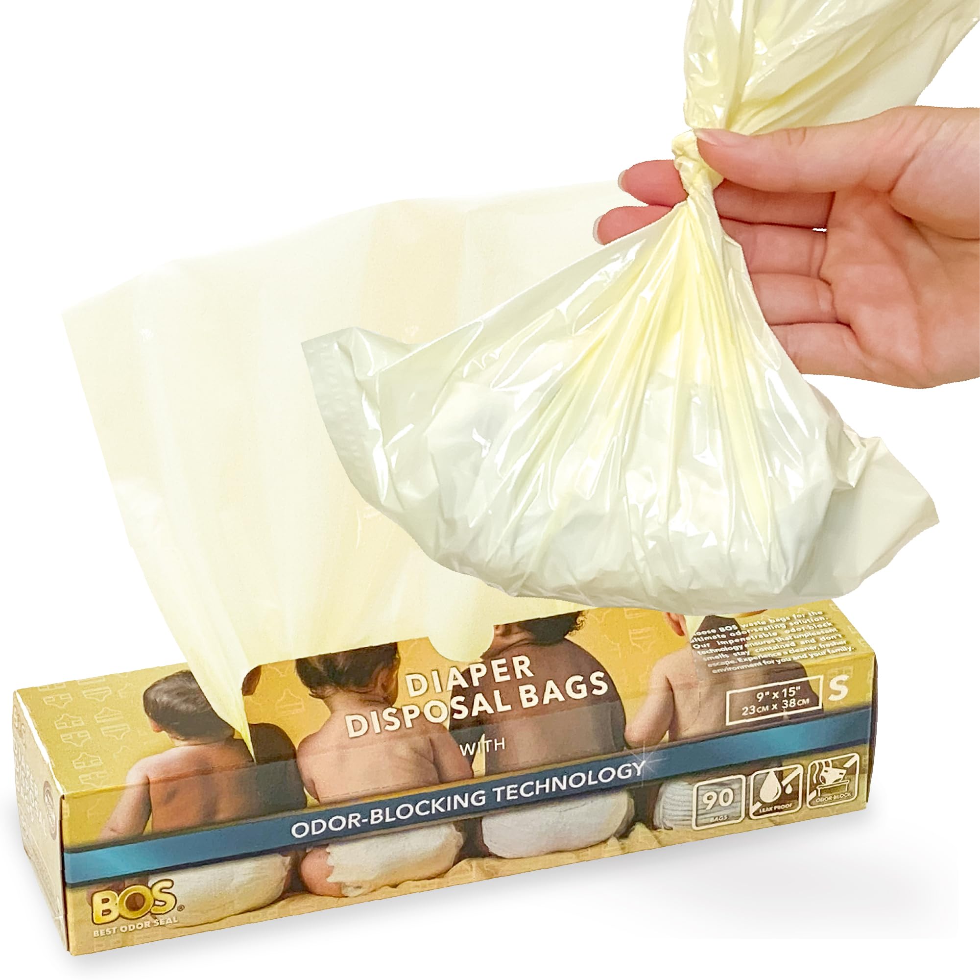 BOS odor-sealing diaper bags, cream yellow, pristine packaging for easy use.