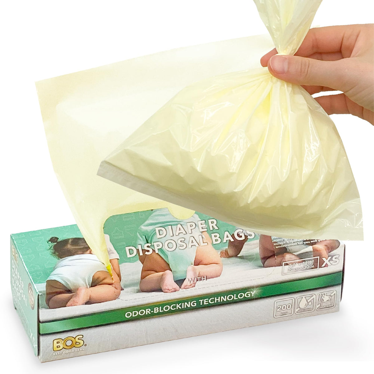 BOS odor-sealing dirty diaper bags in cream-yellow box keep disposal discreet and odor-free