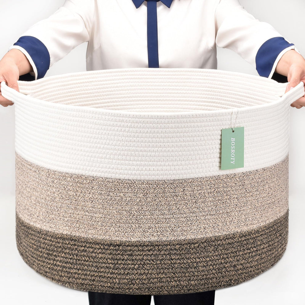 BOSROTY blanket basket in white gradient brown, ideal for toy and blanket storage.