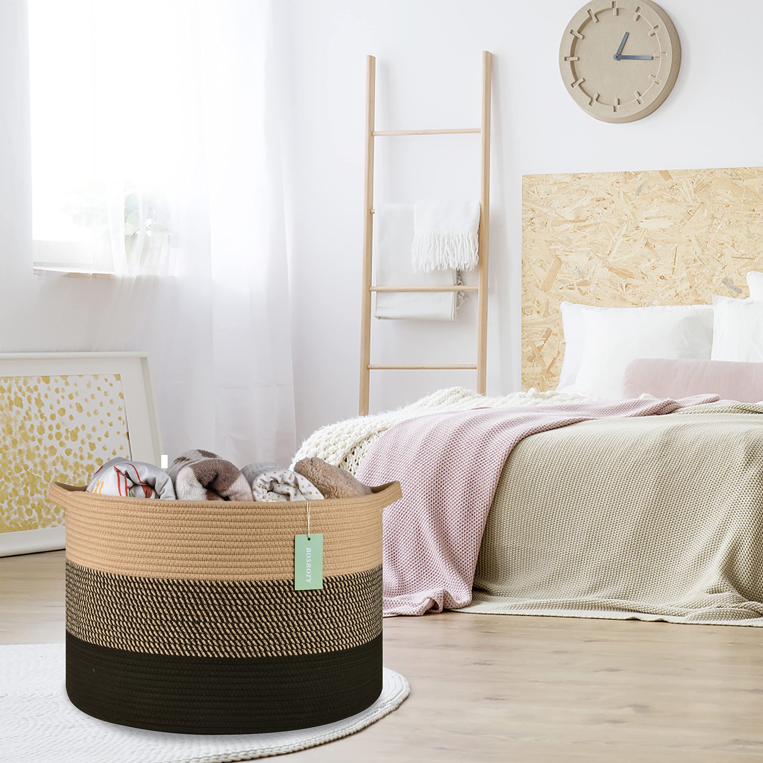 BOSROTY brown and black basket adds warm decor while organizing towels and blankets.
