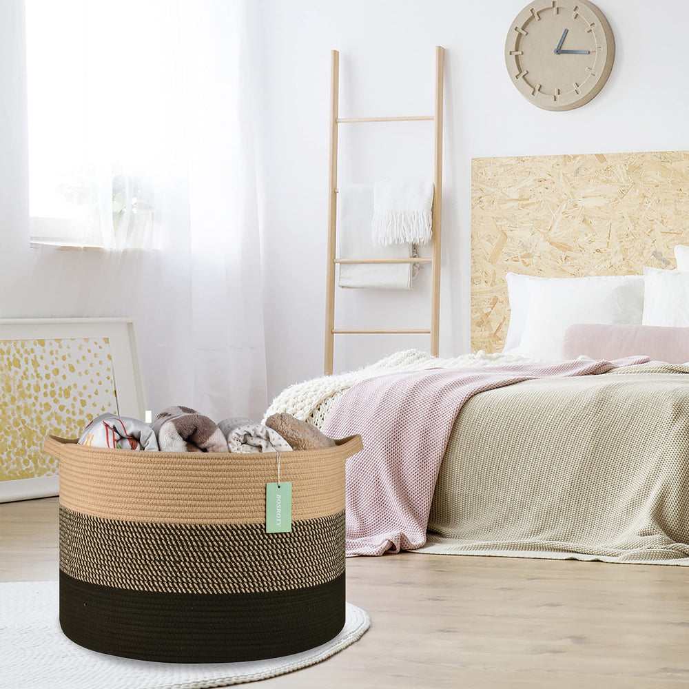 BOSROTY brown and black basket adds warm decor while organizing towels and blankets.