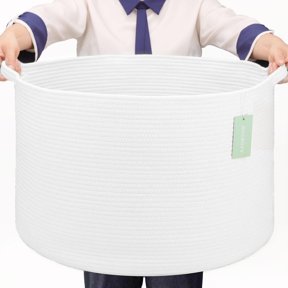 Bosroty extra large rope laundry basket in white, perfect for toys, towels, and blankets.