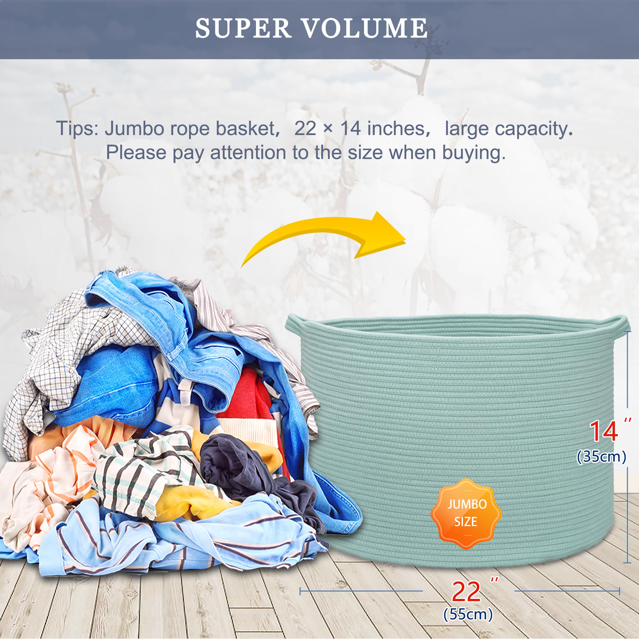 BOSROTY extra large basket open top with soft cotton rope