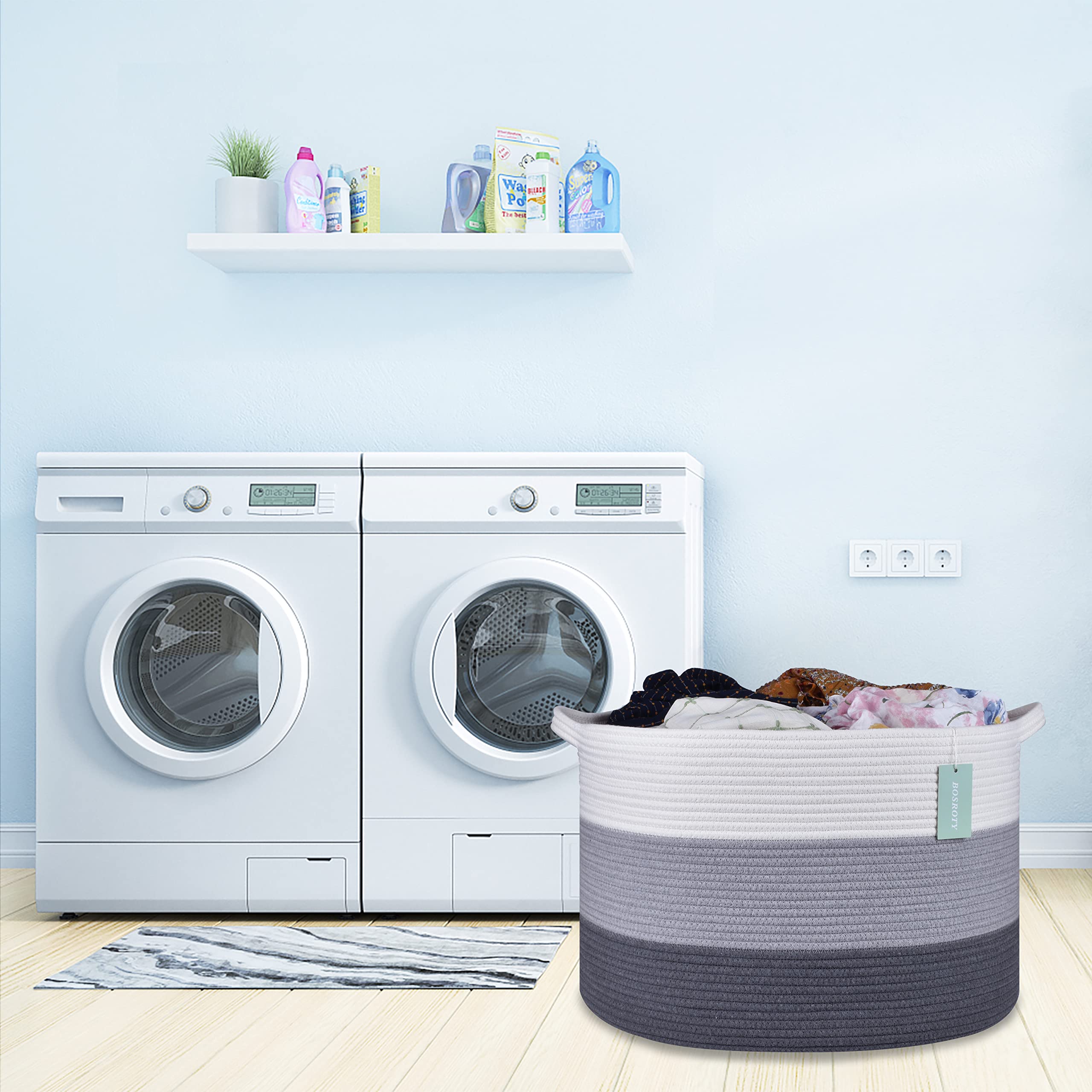 BOSROTY bedroom setup with basket used as tidy clothes organizer.