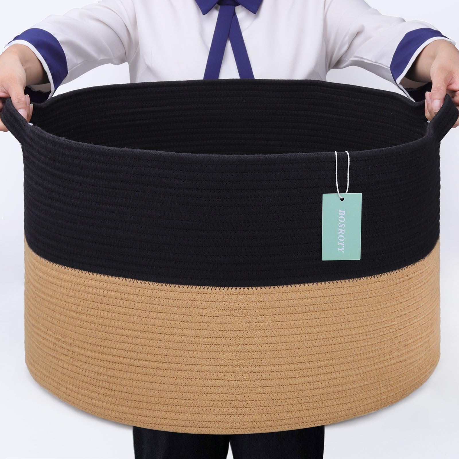 BOSROTY extra large blanket basket in black and jute for organized living room storage.
