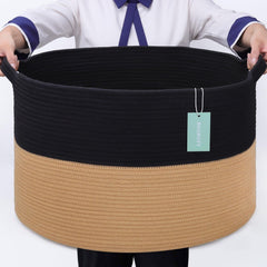BOSROTY extra large blanket basket in black and jute for organized living room storage.