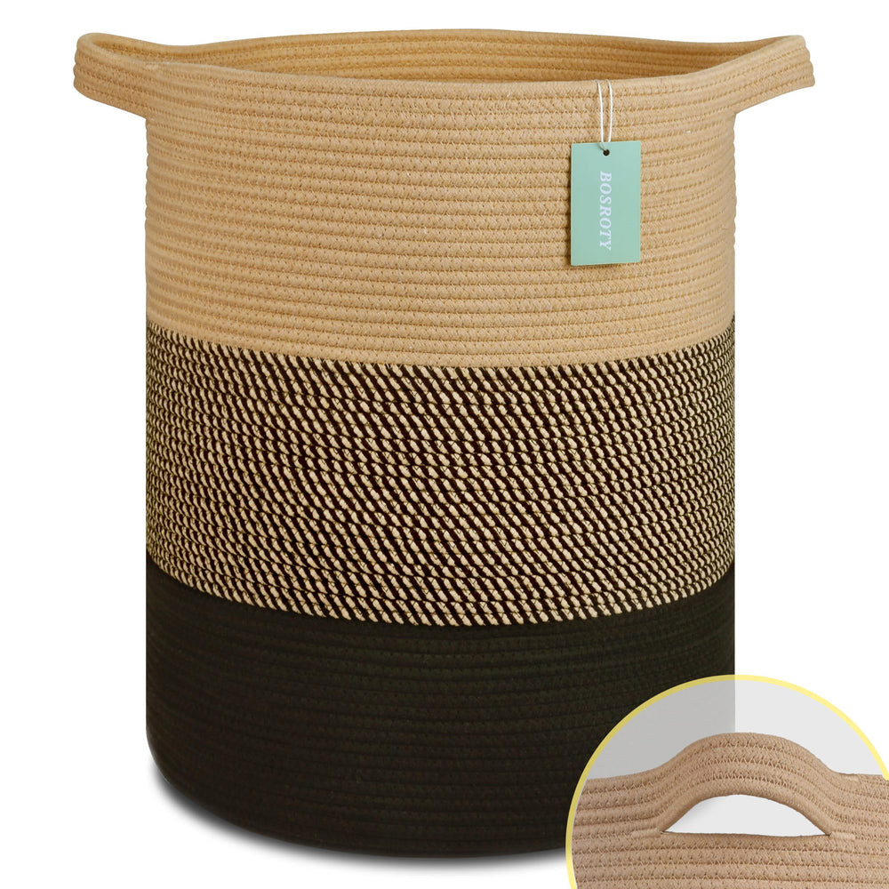 Bosroty large blanket basket in living room for cozy storage of throws and blankets.
