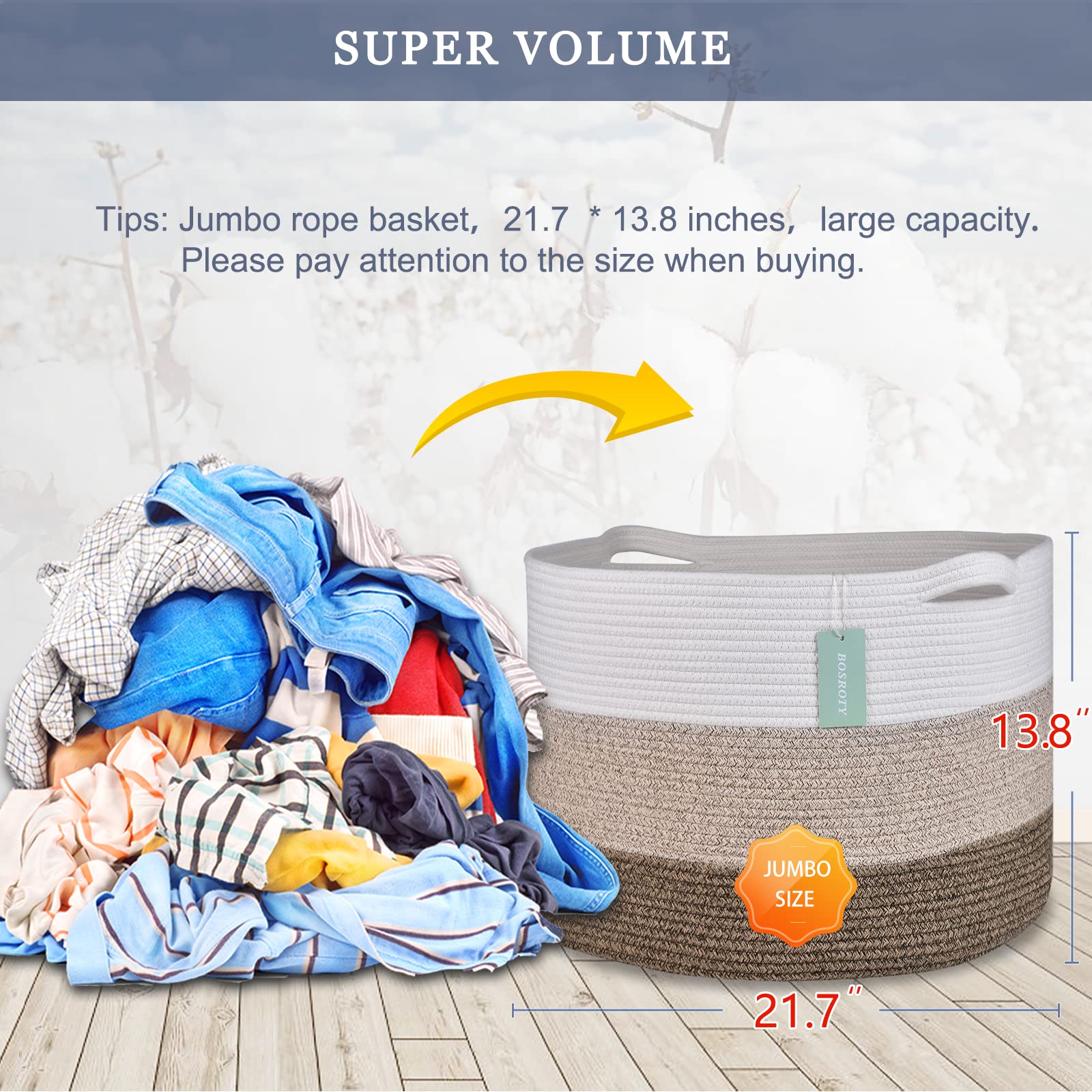BOSROTY laundry hamper with sturdy handles for easy towel and clothing transport.
