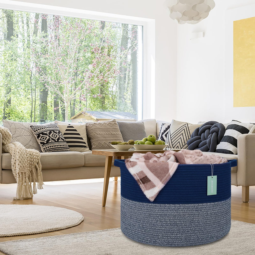 Bosroty storage basket in living room adds tidy, decorative storage.