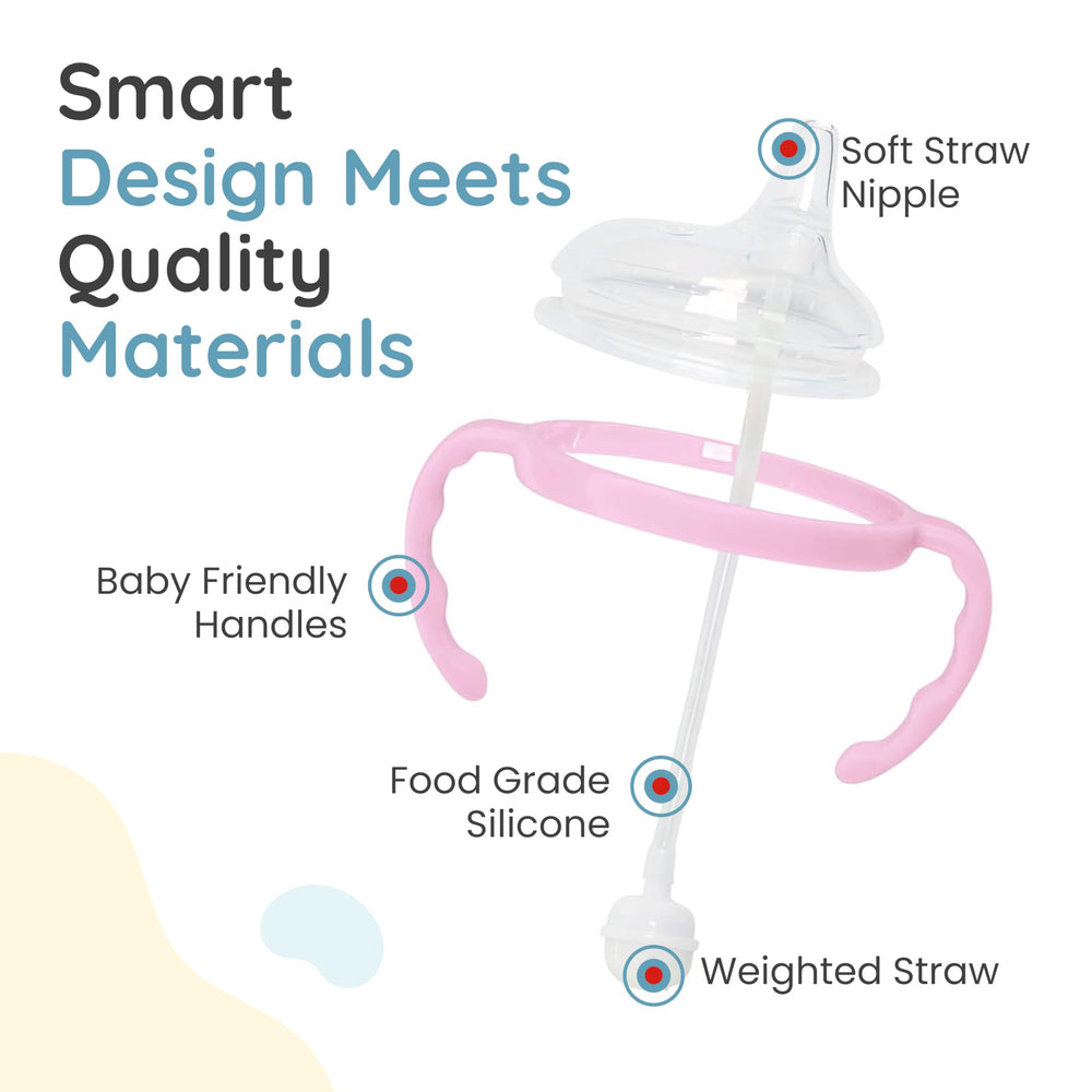 Botabee pink transition kit with handles on Comotomo bottles for easy grip.