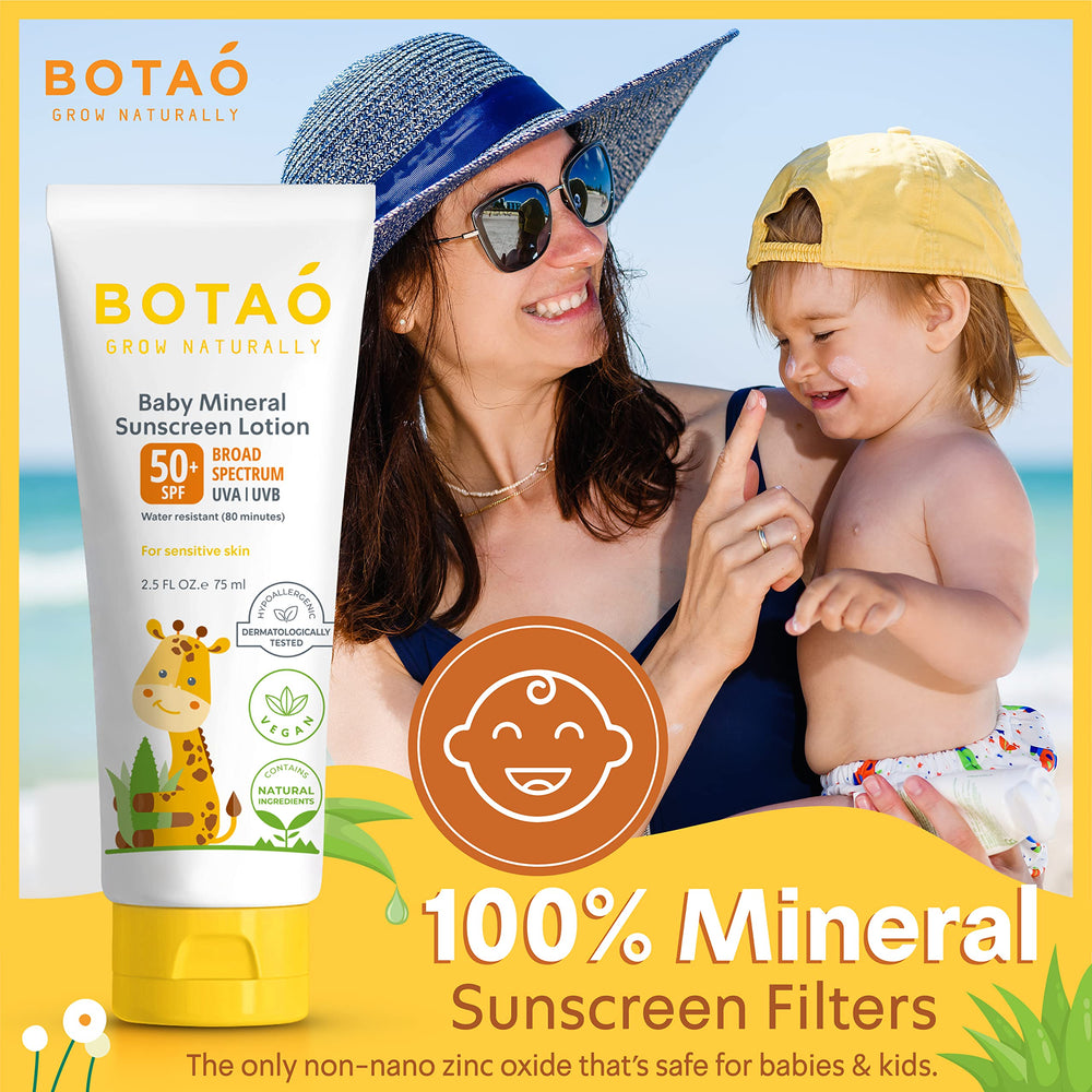 Baby applying BOTAO sunscreen lotion to cheeks with caregiver assistance