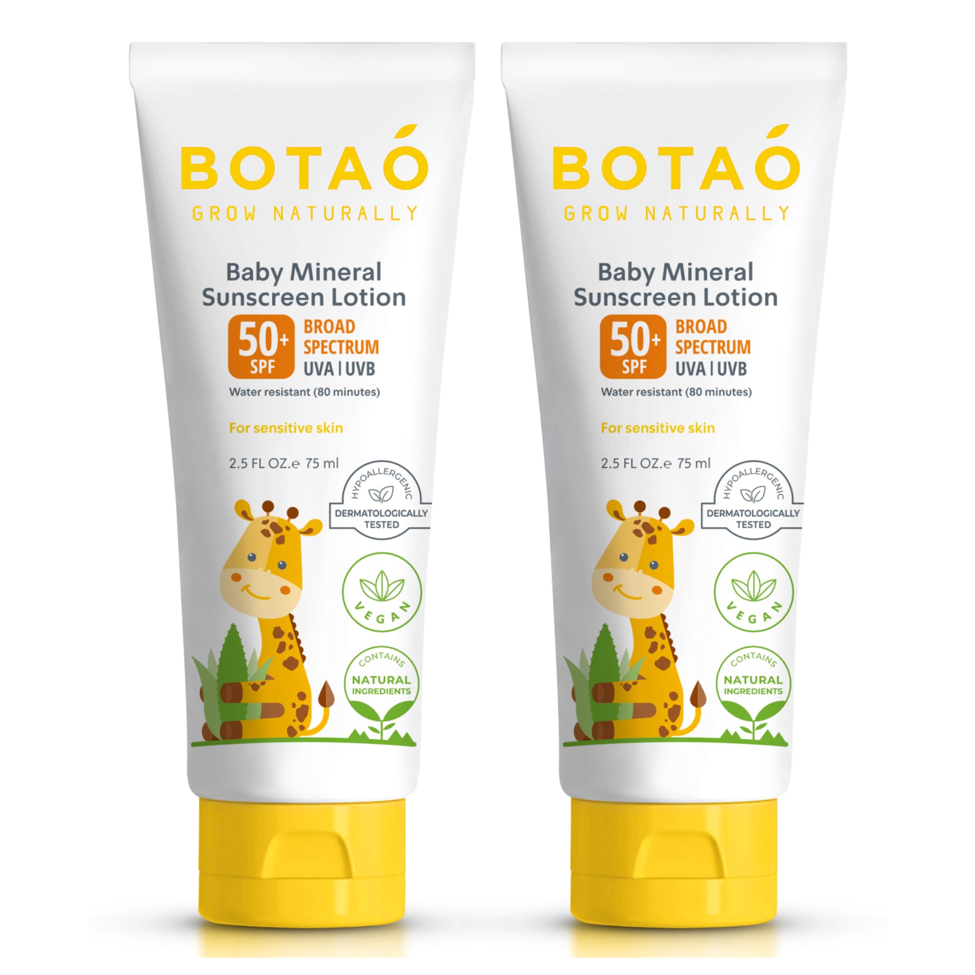 BOTAO Baby Mineral Sunscreen Lotion 2-pack on a soft surface, SPF50 for sensitive skin