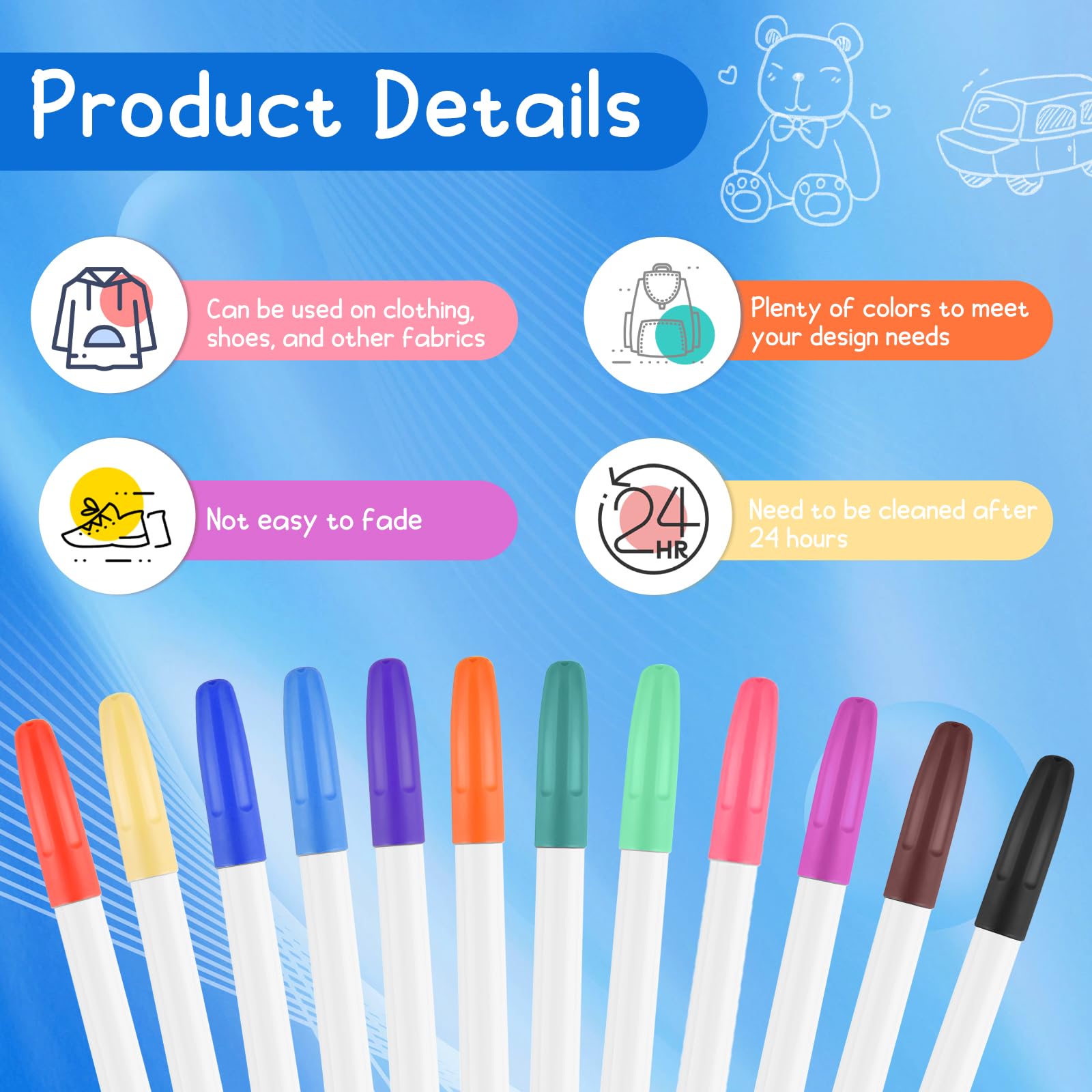 Washable fabric markers for bold, lasting designs at a baby shower.