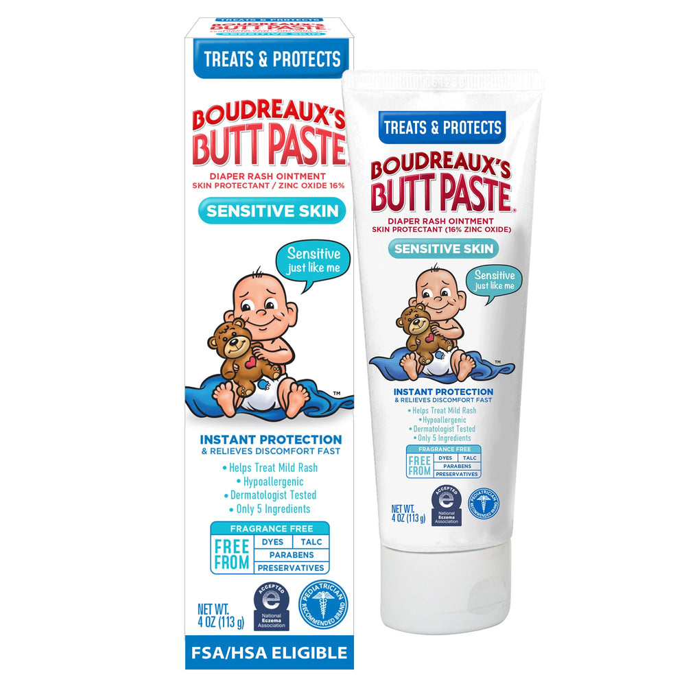 Boudreaux's Butt Paste Sensitive Skin tube ready for gentle diaper rash protection.