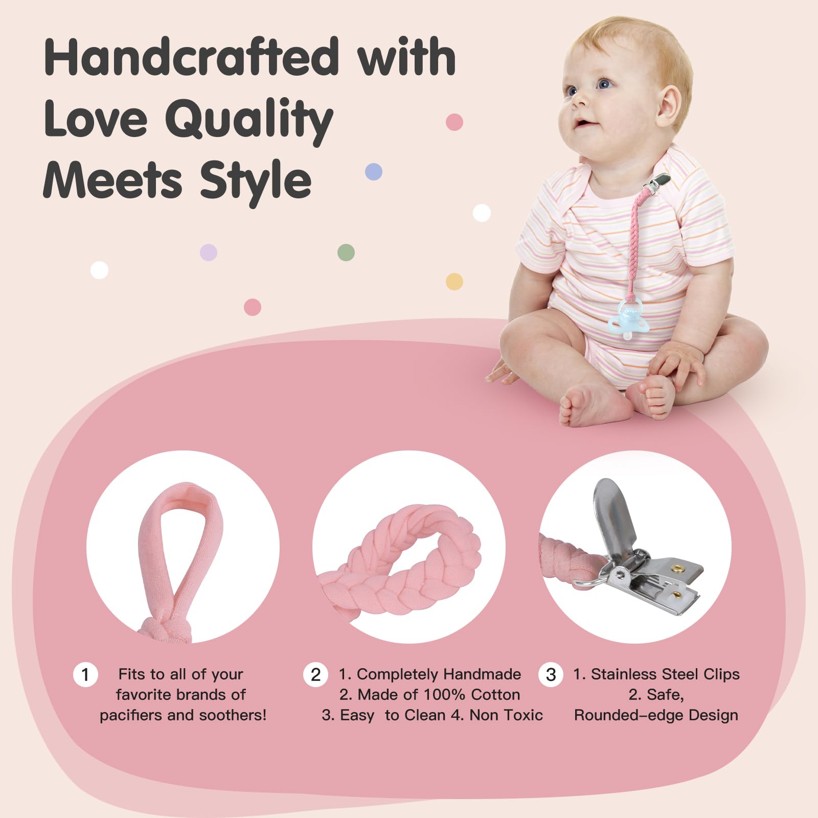 Boukipow pacifier clip neutral colors close-up shows versatile unisex design.