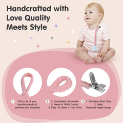 Boukipow pacifier clip neutral colors close-up shows versatile unisex design.