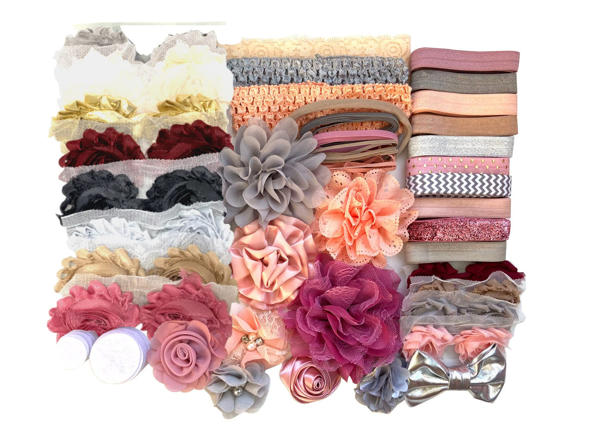 Bowtique Emilee Mauve Peach Grey headband kit for DIY baby showers and keepsakes.