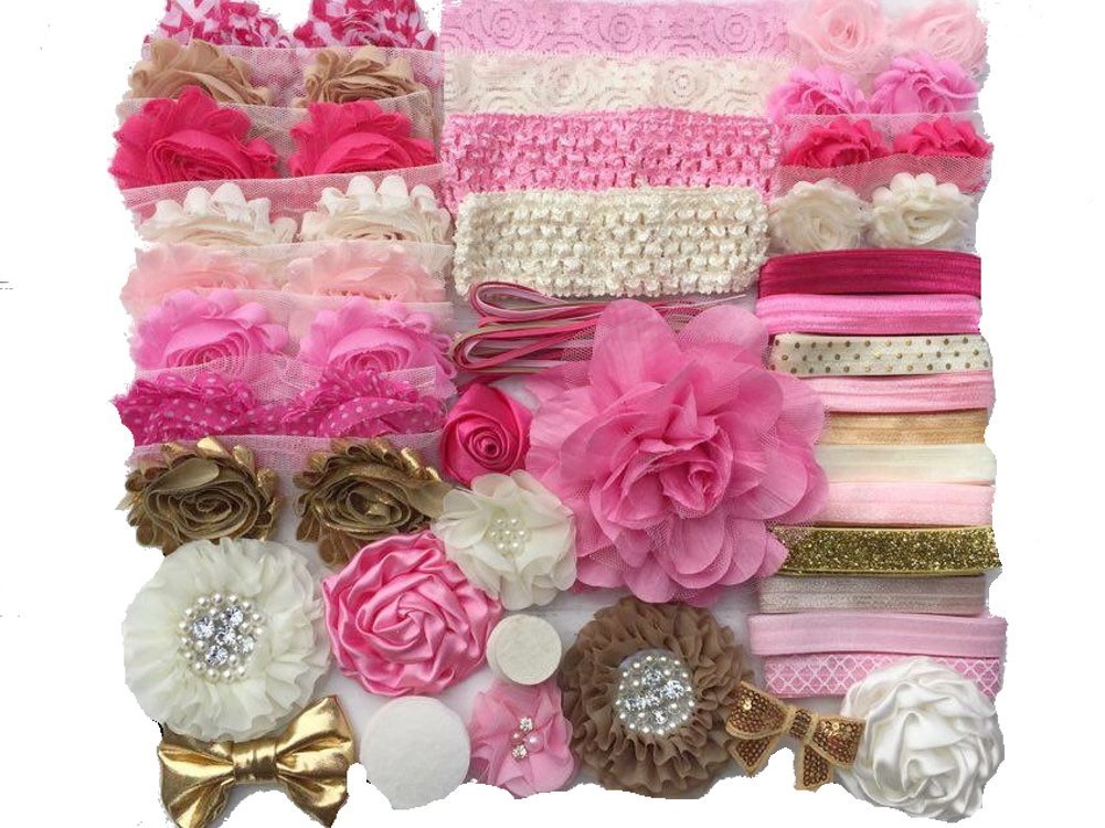 Bowtique Emilee Pink and Gold Headband Kit laid out for DIY projects, highlighting a versatile color mix