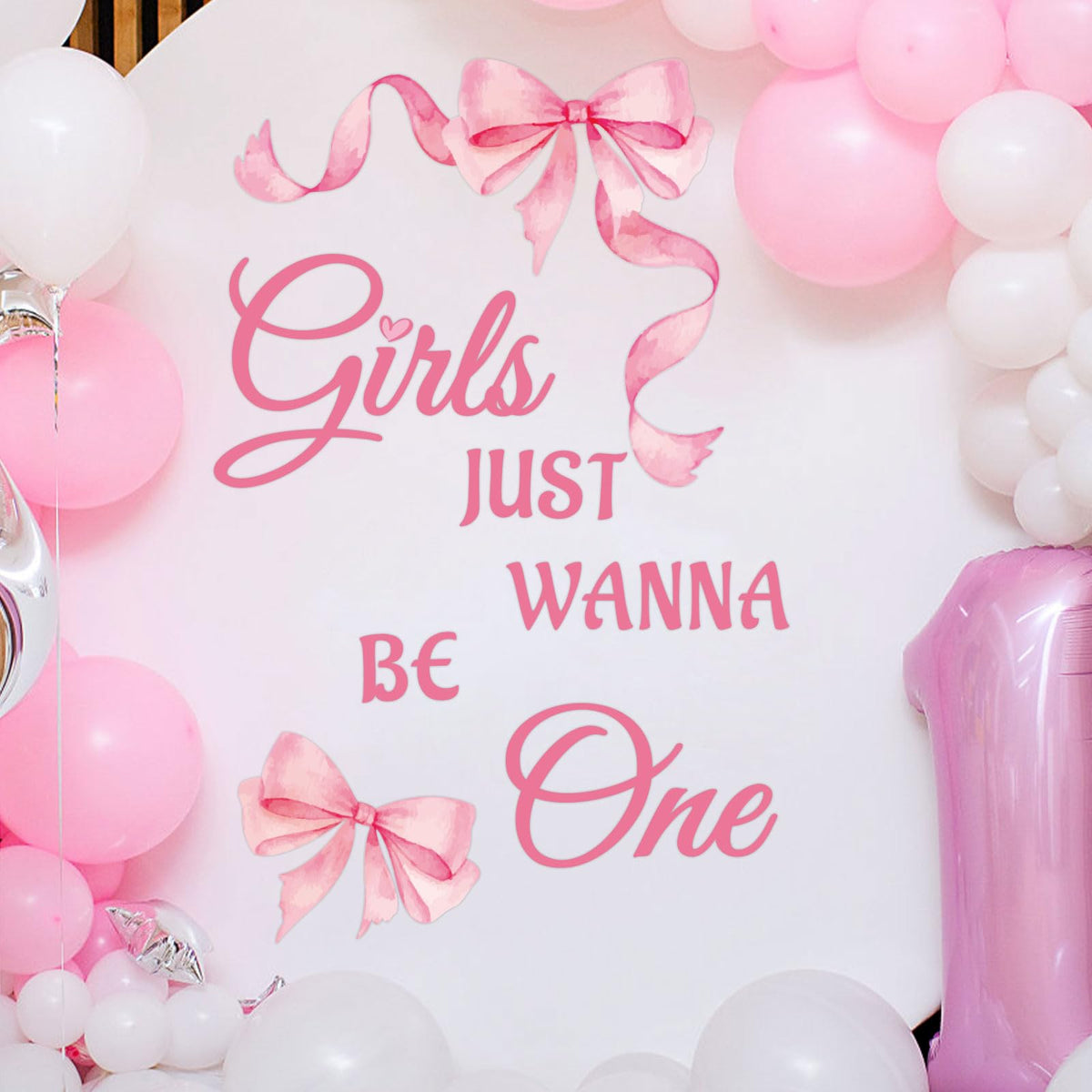 BOXOB Girls Just Wanna Be One wall decal full set for a dreamy pink party backdrop.