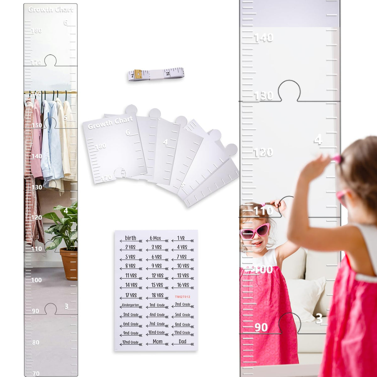 BOXOB Puzzle Mirror Growth Chart pieces arranged for easy wall installation and height tracking.