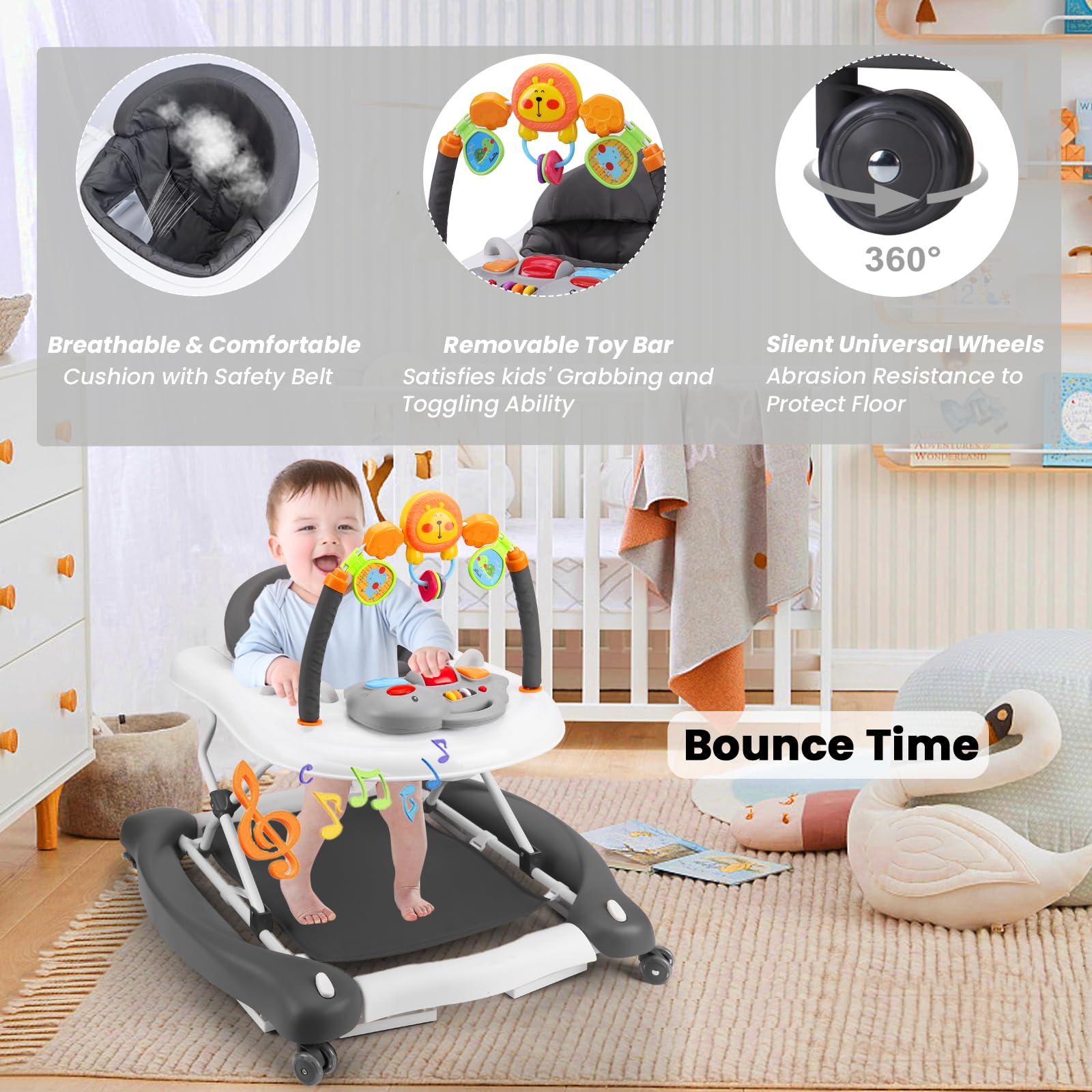 Boyro Baby 5-in-1 walker in push mode encourages independent movement.