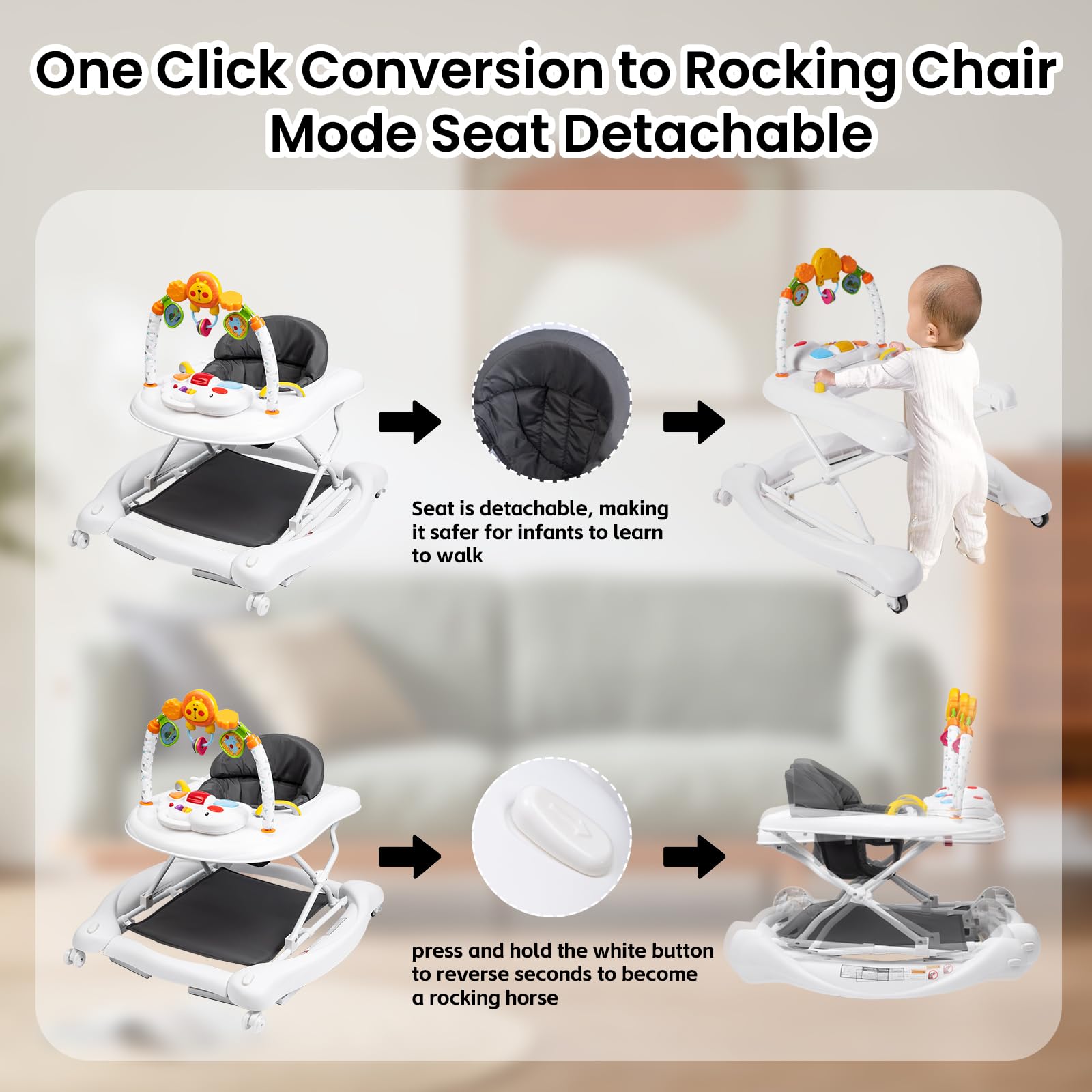 Boyro Baby 5-in-1 walker rocking mode provides soothing playtime.
