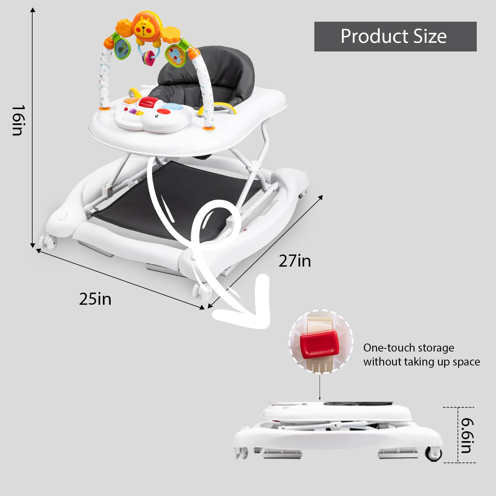Boyro Baby foldable walker stores compactly for easy transport.