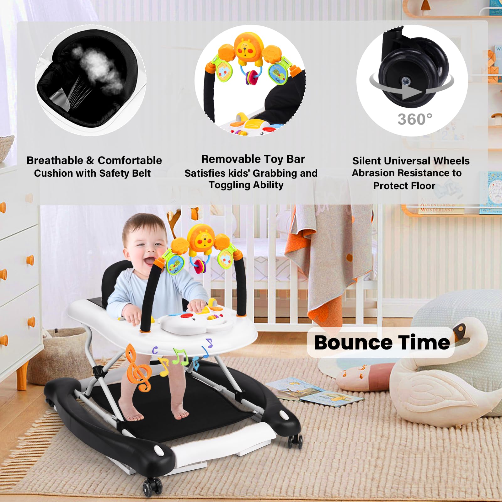 Boyro Baby built-in music and toys stimulate senses during playtime.