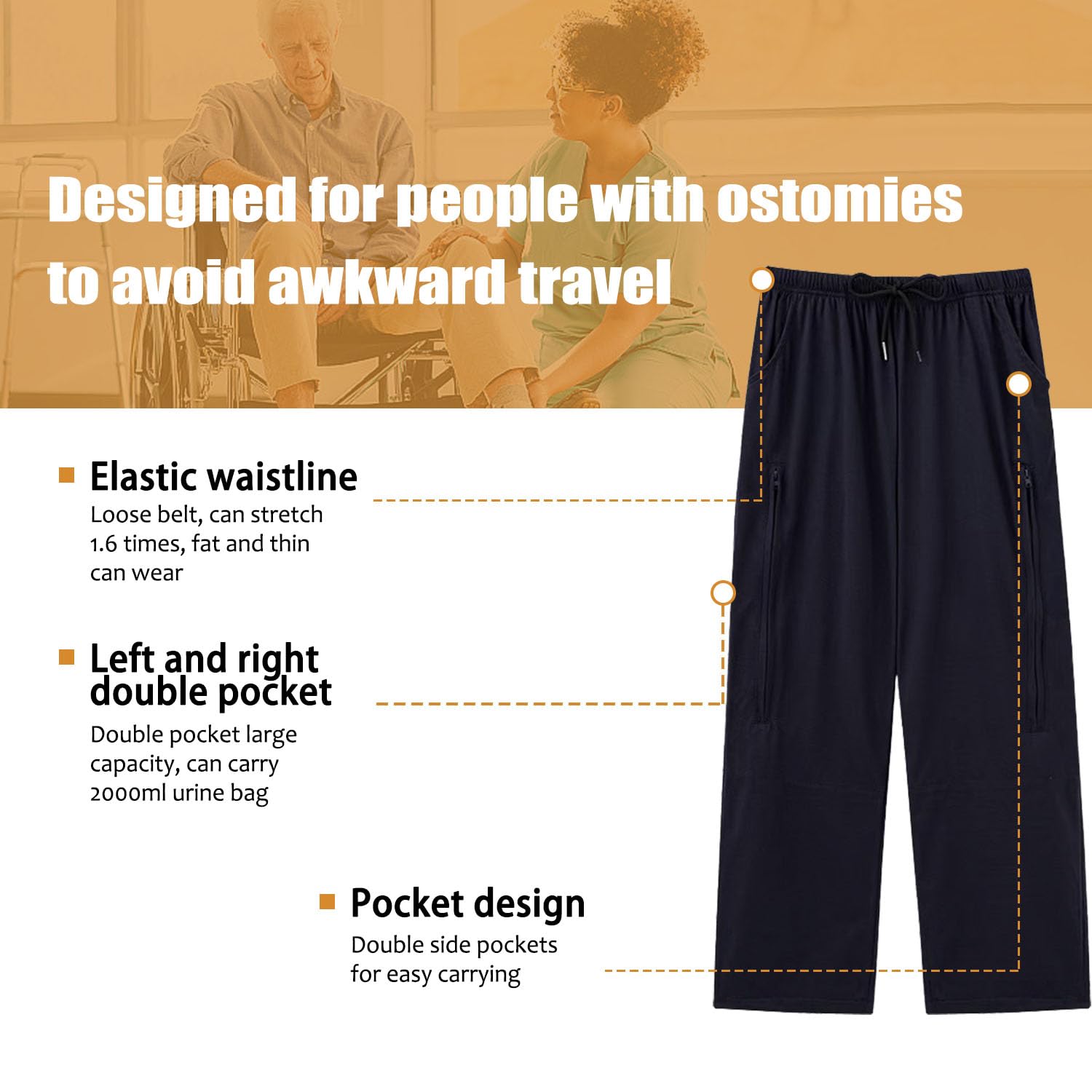 BOYUDZLTD catheter pants feature adjustable waist for secure, comfortable fit.