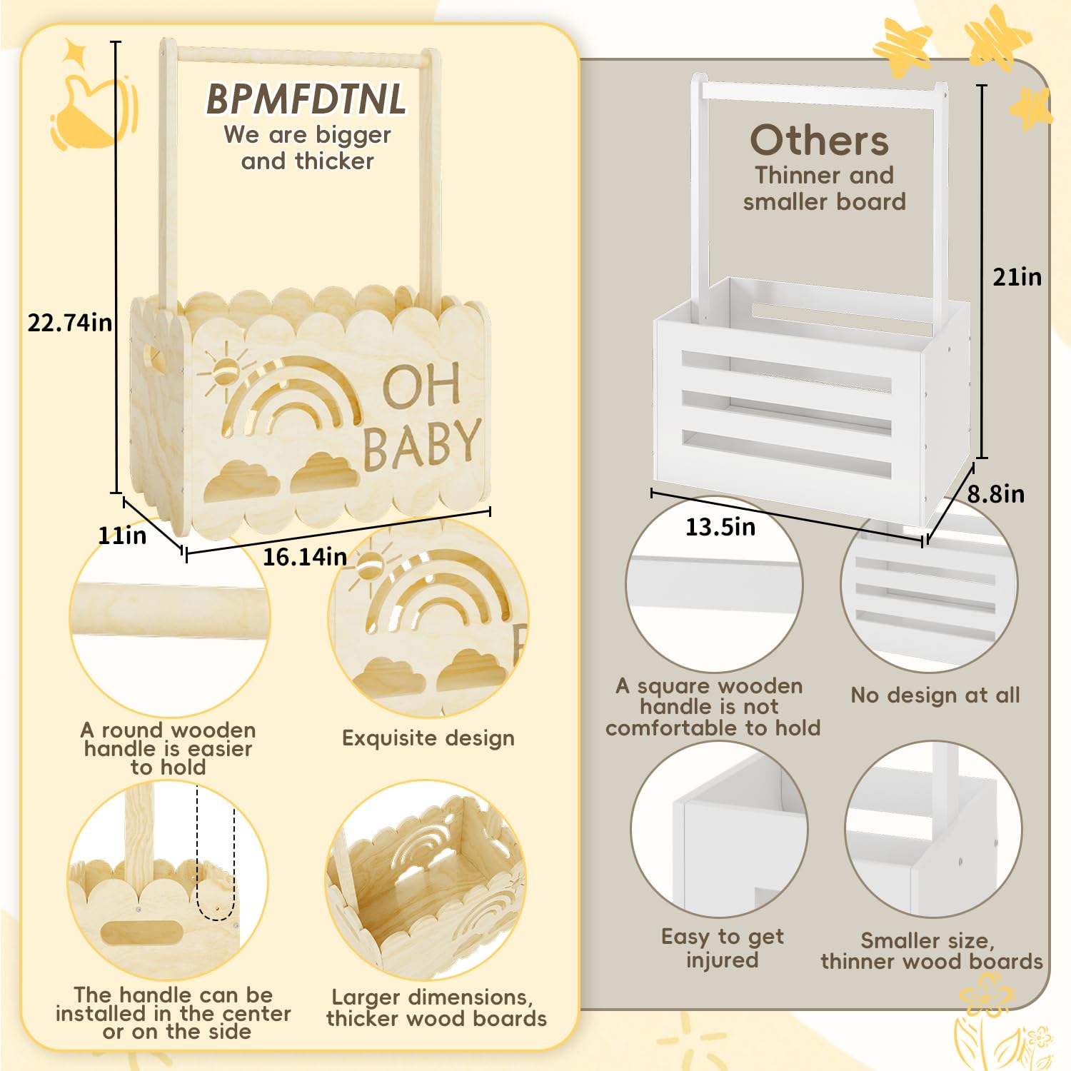 BPMFDTNL unisex-design wooden basket suitable for boys and girls with timeless appeal.