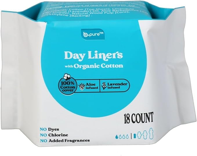 b.pure lavender infused panty day liners close-up shows breathable organic cotton and calming scent.