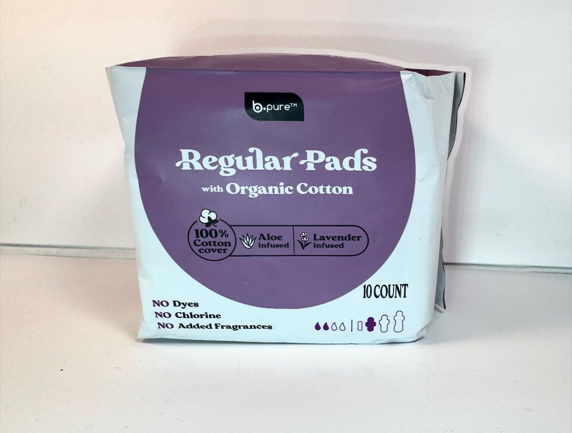 BPure packaging view shows Organic Cotton Regular Pads infused with Aloe Lavender for sensitive skin comfort.