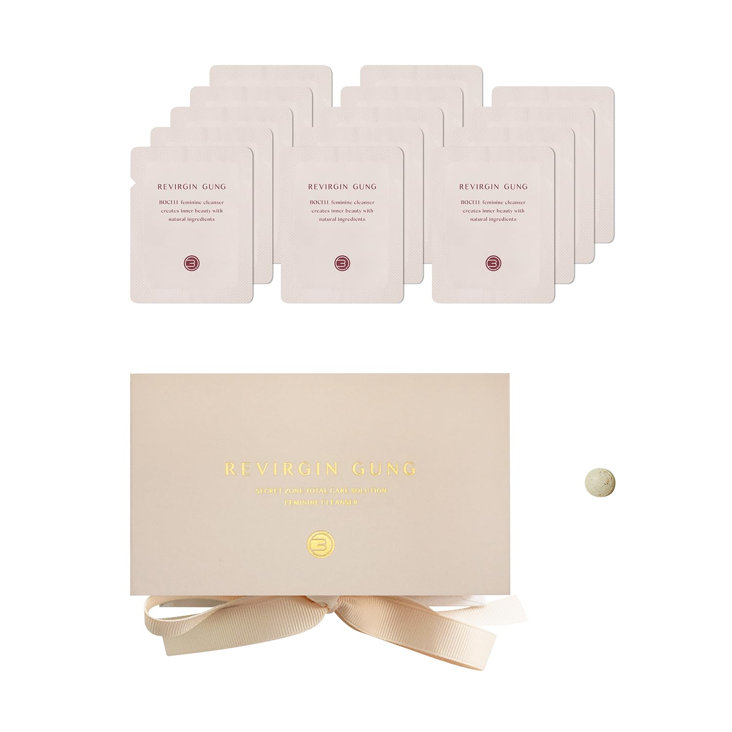 BQCELL Revirgingung feminine cleanser packaging for on-the-go weekly care.