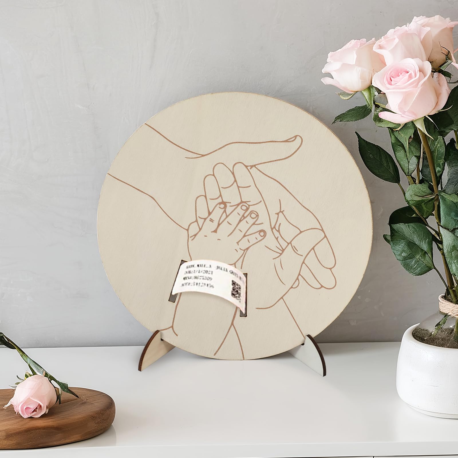 BQSAZHYJ wooden birth announcement board with engraved hands for keepsake photos.