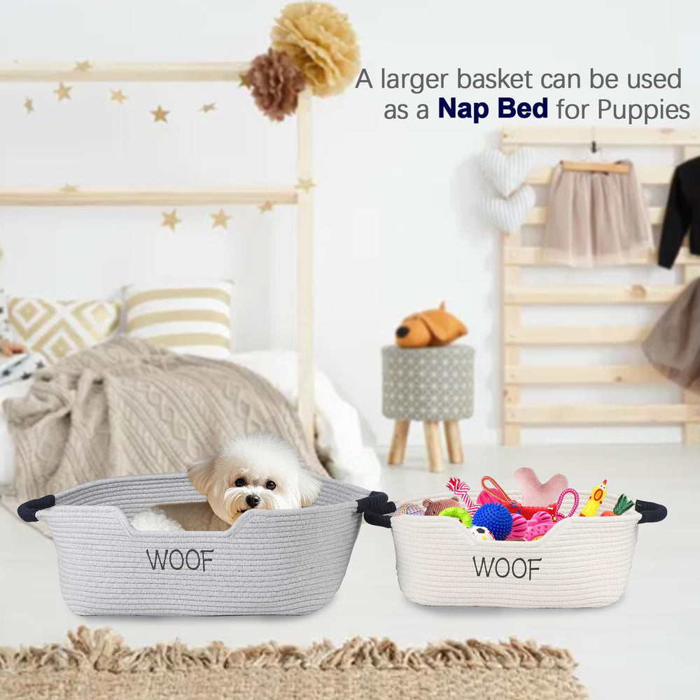 Brabtod beige dog toy basket stores collars and leashes neatly.