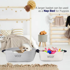 Brabtod beige dog toy basket stores collars and leashes neatly.