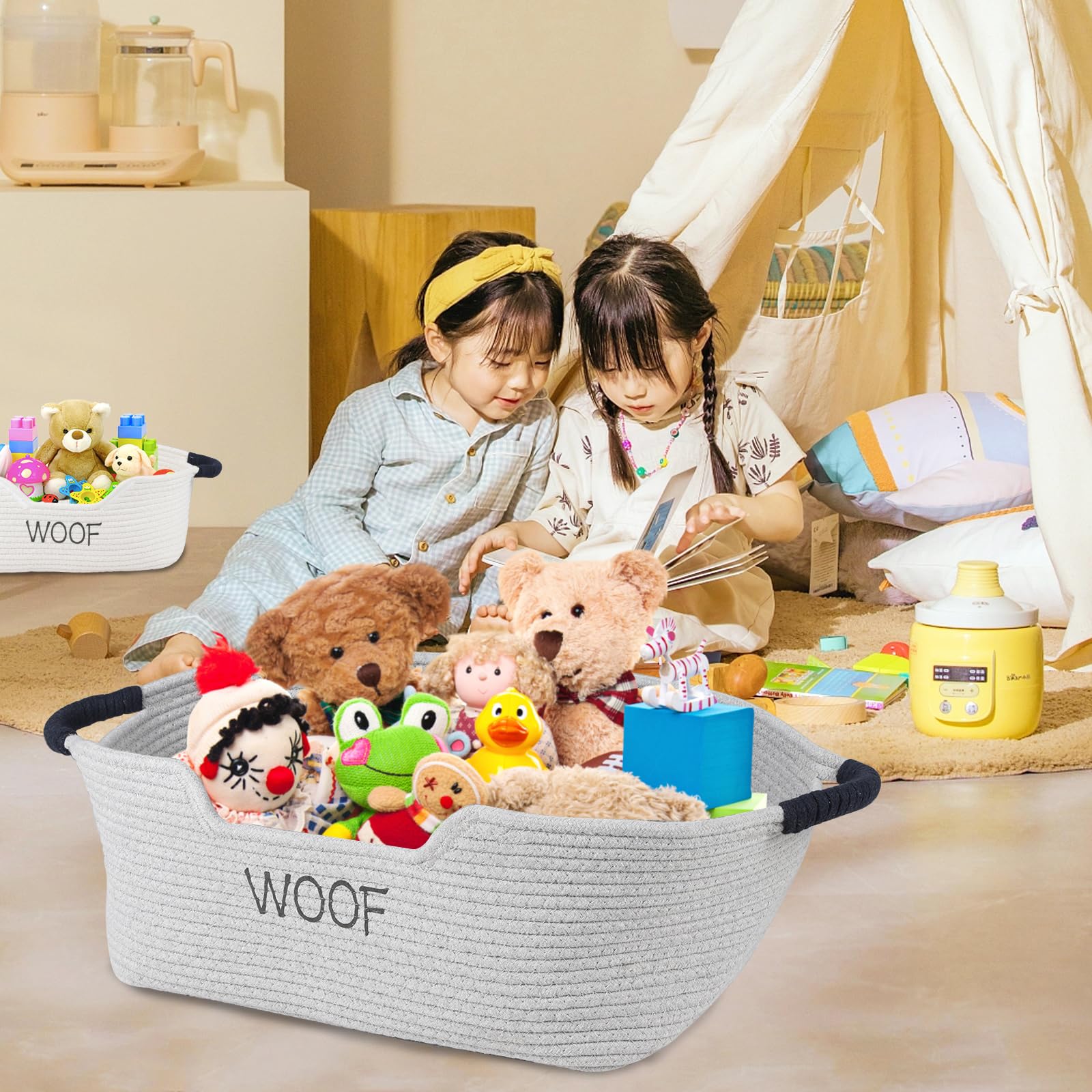 Brabtod large grey basket doubles as a soft dog bed.