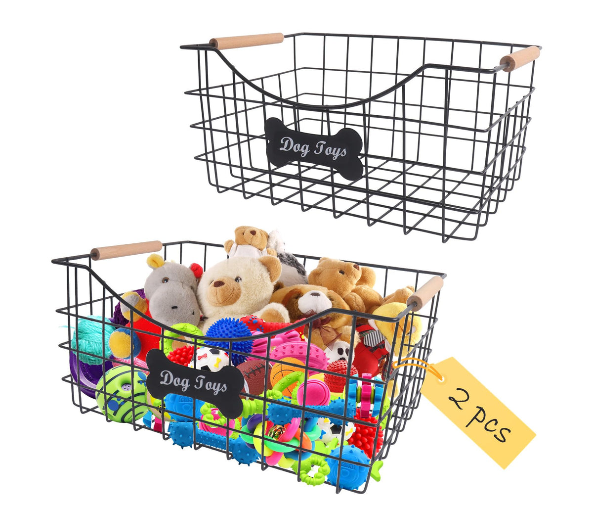 Brabtod large dog toy basket with wooden handle for easy toy access.
