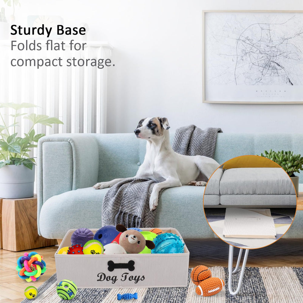 Sturdy canvas linen bin with reinforced seams supports daily dog toy storage.