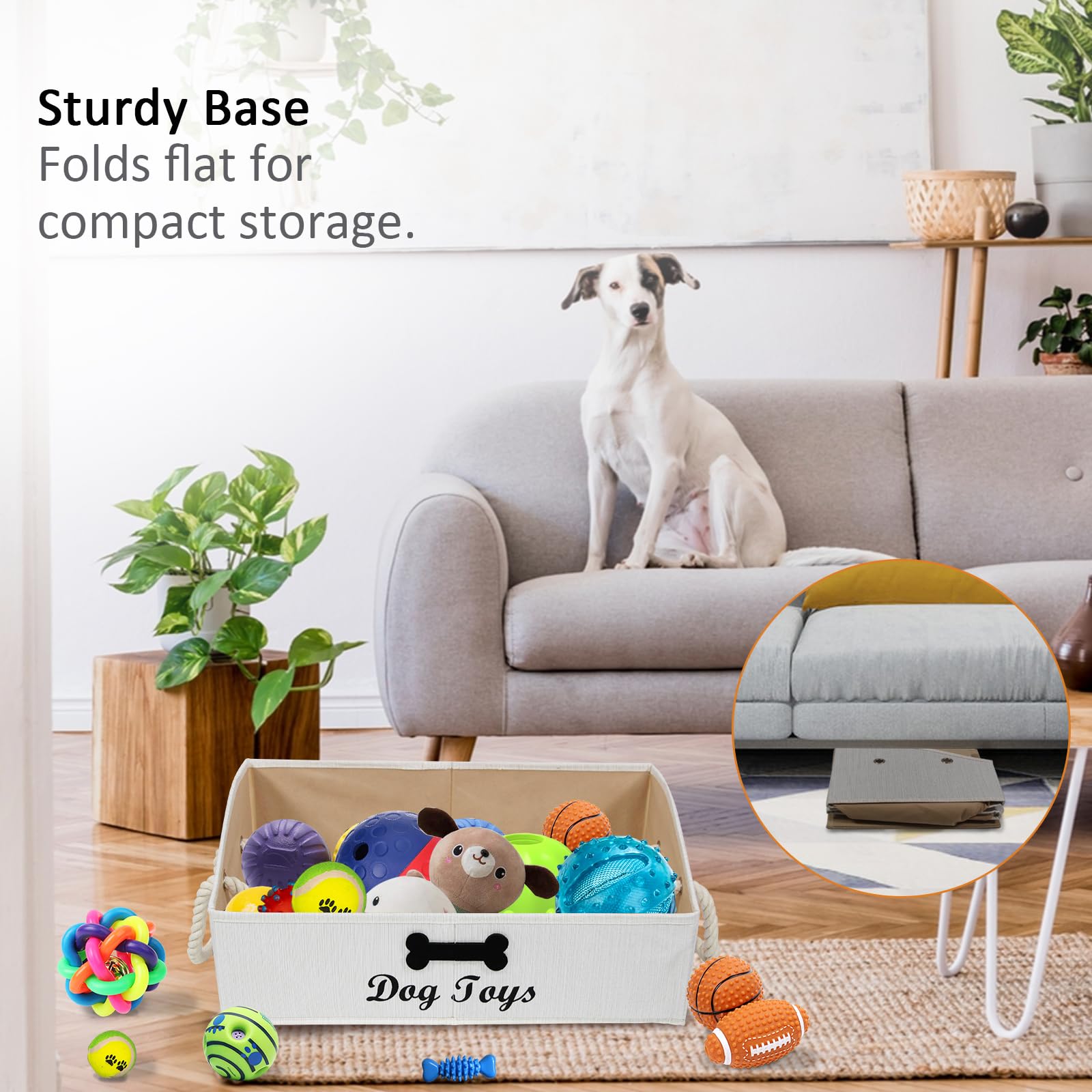 Brabtod trapezoid canvas bin open front shows easy reach for short-legged dogs.