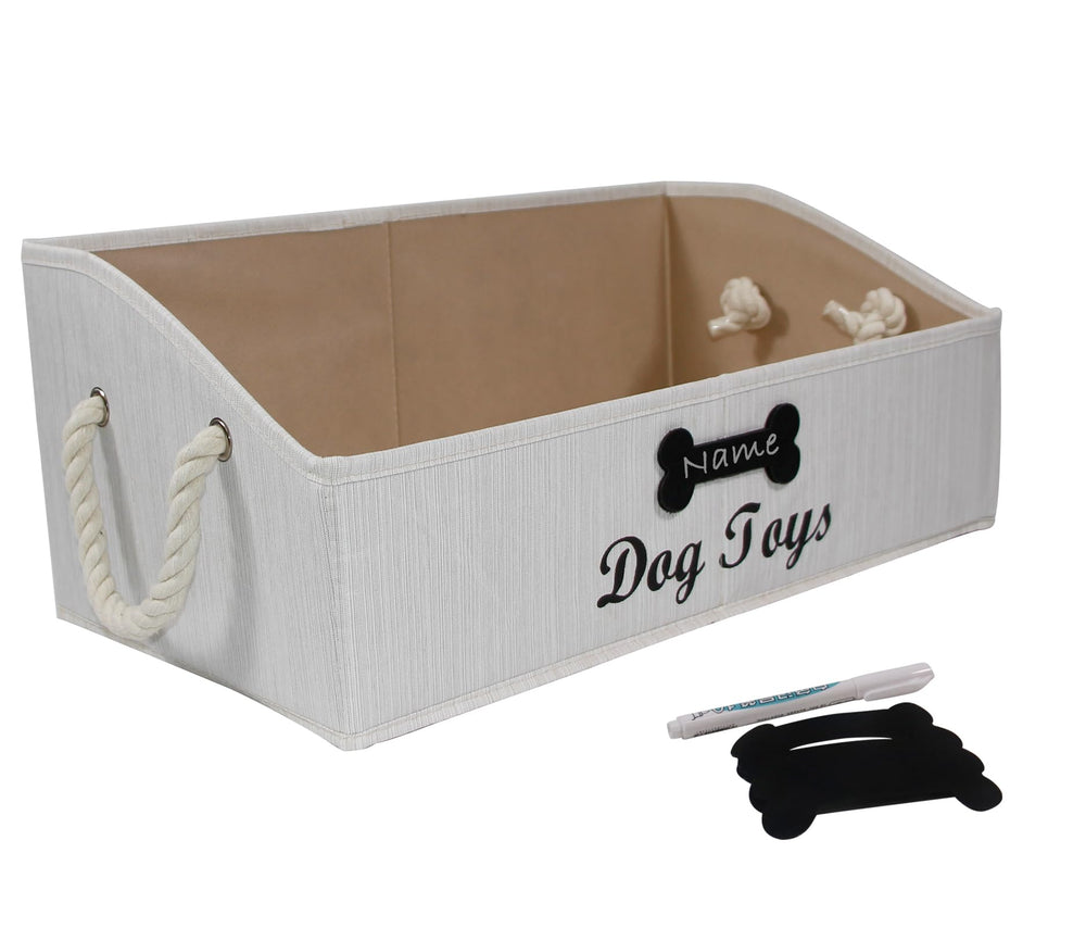 Brabtod trapezoid canvas dog toy bin with rope handles stores toys neatly and accessibly.