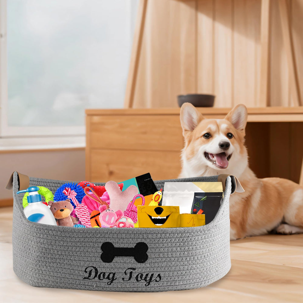 Brabtod woven dog toy baskets leather handles shown for easy transport around home