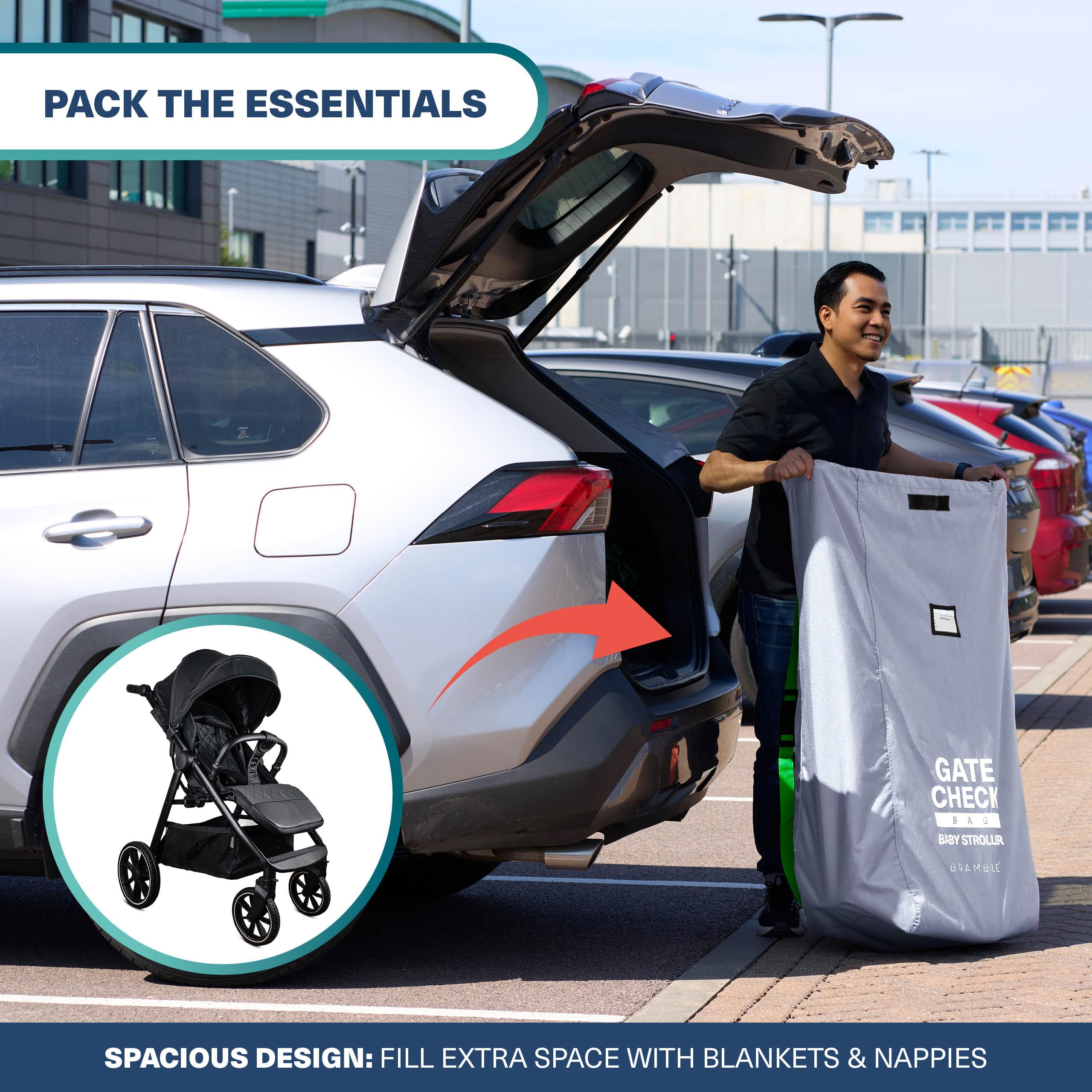 Bramble universal-fit bag fits most strollers for easy travel