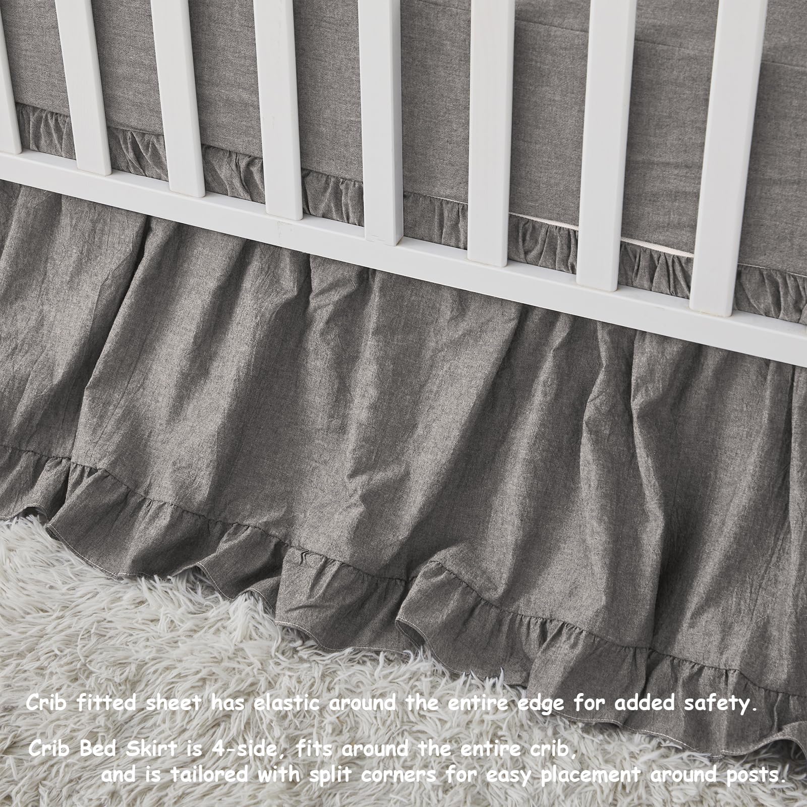 Brandream 4-sided crib skirt gray drop provides full coverage for standard cribs.