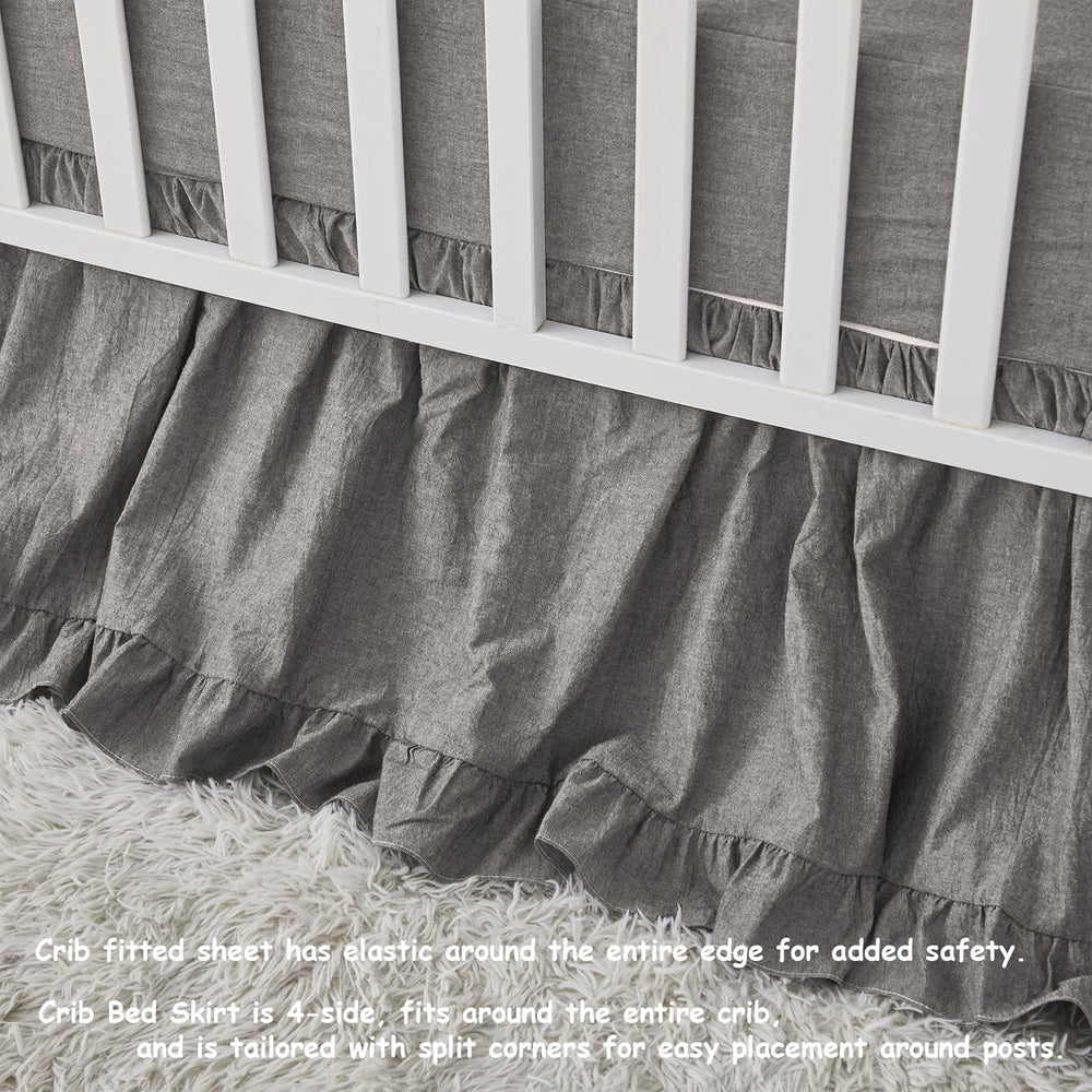 Brandream 4-sided crib skirt gray drop provides full coverage for standard cribs.
