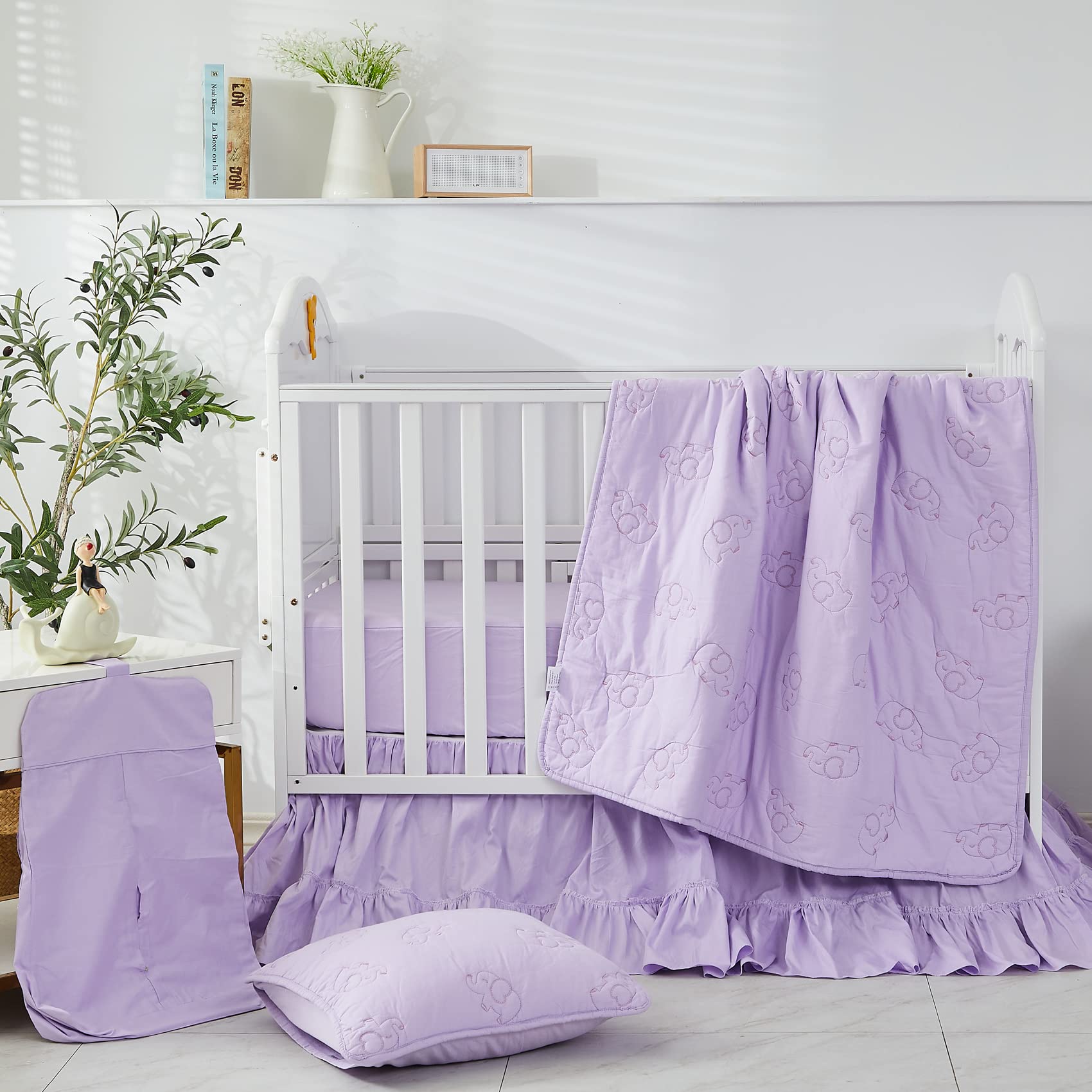 Brandream purple Boho bed skirt paired with farmhouse nursery setup