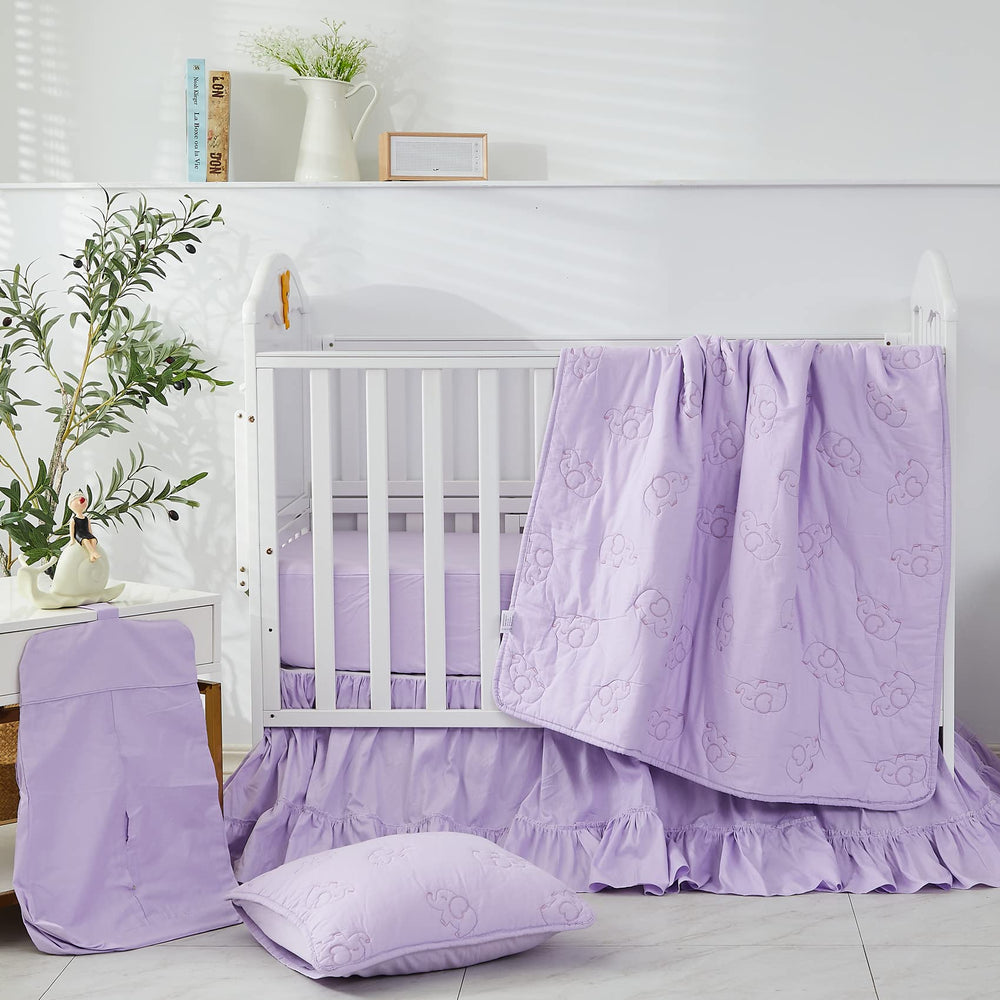 Brandream purple Boho bed skirt paired with farmhouse nursery setup