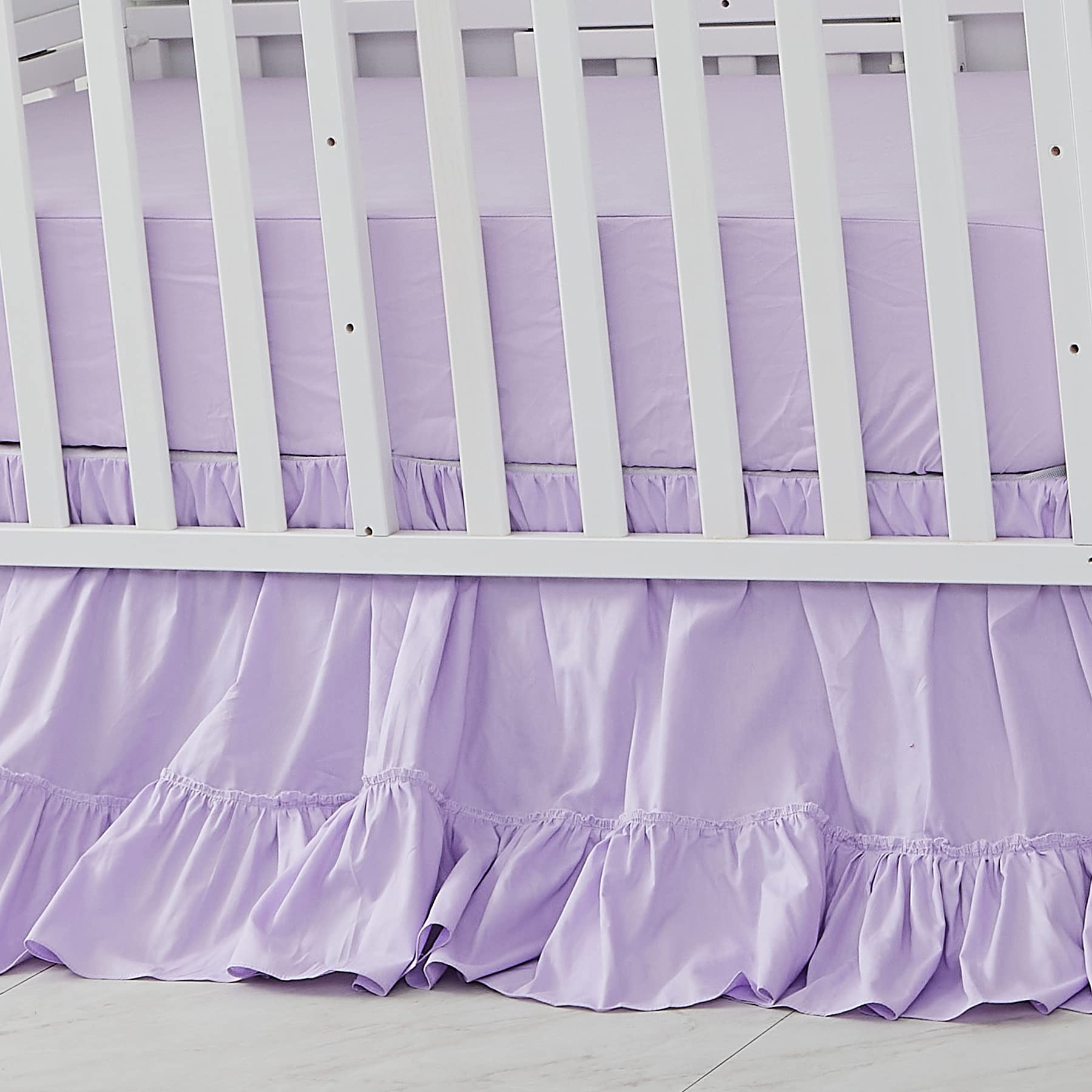 Brandream crib bed skirt purple boho closeup fabric shows soft cotton texture