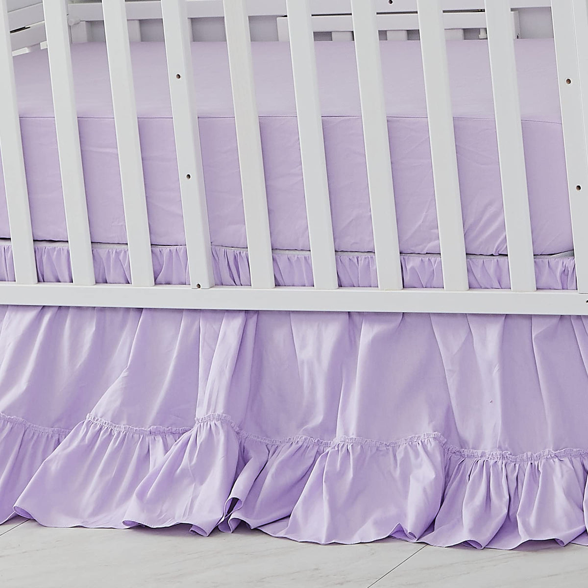 Brandream crib bed skirt purple boho closeup fabric shows soft cotton texture